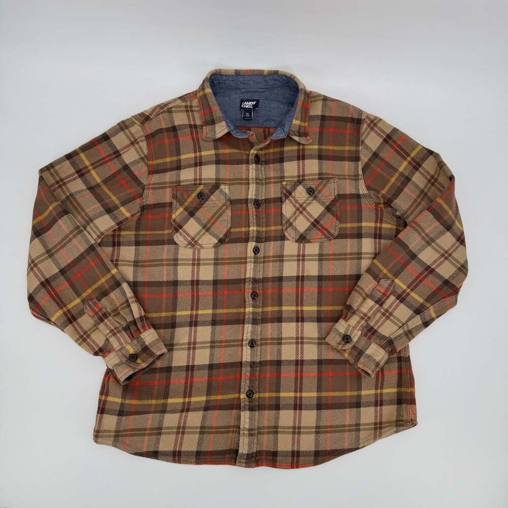 Lands End Mens XL Flannel Shirt Brown Tan Plaid 100% Heavy Cotton Button Up